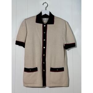 ST. JOHN Collection Womens Cardigan Short Sleeve Cream Flaw Black Size Small